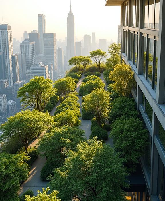 A rooftop garden on a modern hotel, blending nature with urban architecture.