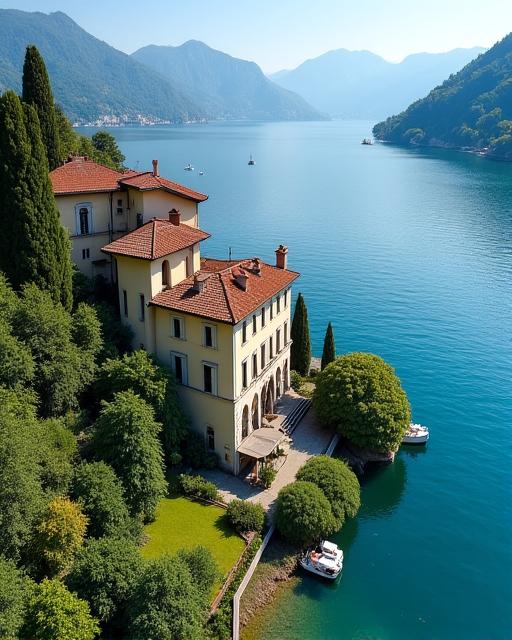 Aerial view of a historic villa on the shores of Lake Como.