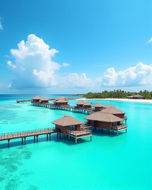 Luxurious overwater bungalows in a turquoise lagoon in the Maldives.