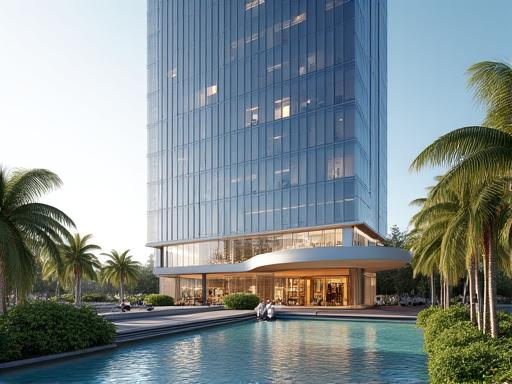 Modern architectural rendering of a luxury hotel exterior.
