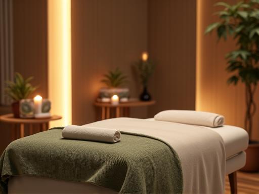 A serene and luxurious spa treatment room with ambient lighting.