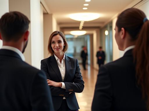 A professional hotel manager briefing his impeccably dressed team.